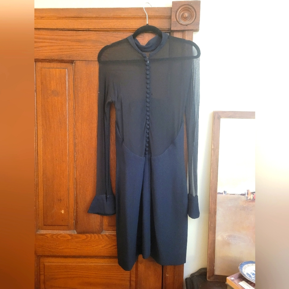 Vera Wang Dark Blue Button Closure Sheer Sleeve Flare Cuff Mid-Length Dress - Picture 4 of 5